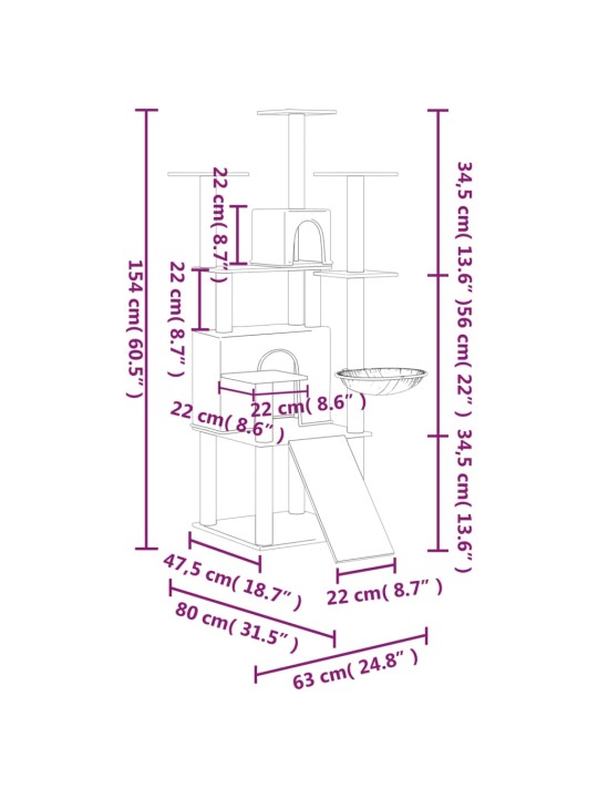 Kaķu māja ar sizala stabiem nagu asināšanai, 154 cm, pelēka