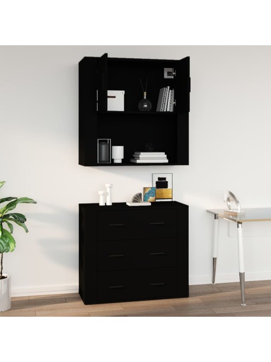 Sienas plaukts, melns, 80x33x80 cm, inženierijas koks