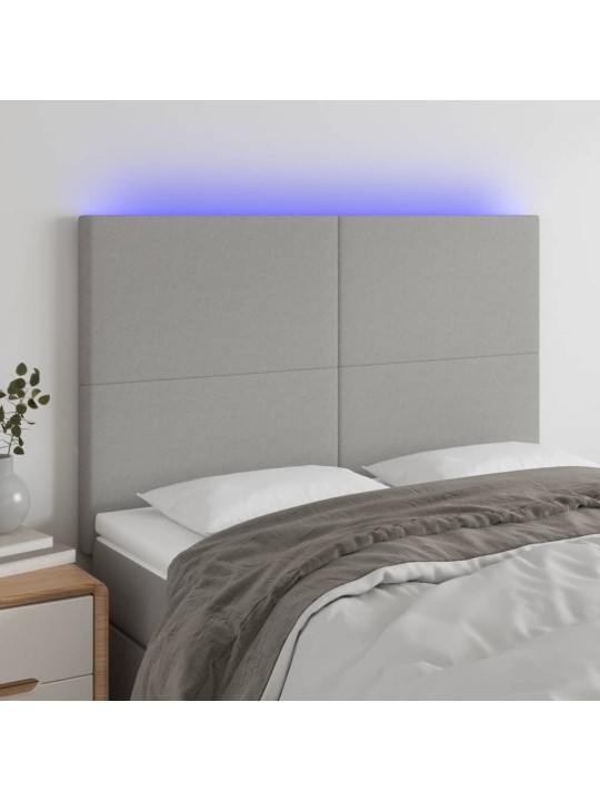 Gultas galvgalis ar LED, 144x5x118/128 cm, gaiši pelēks audums