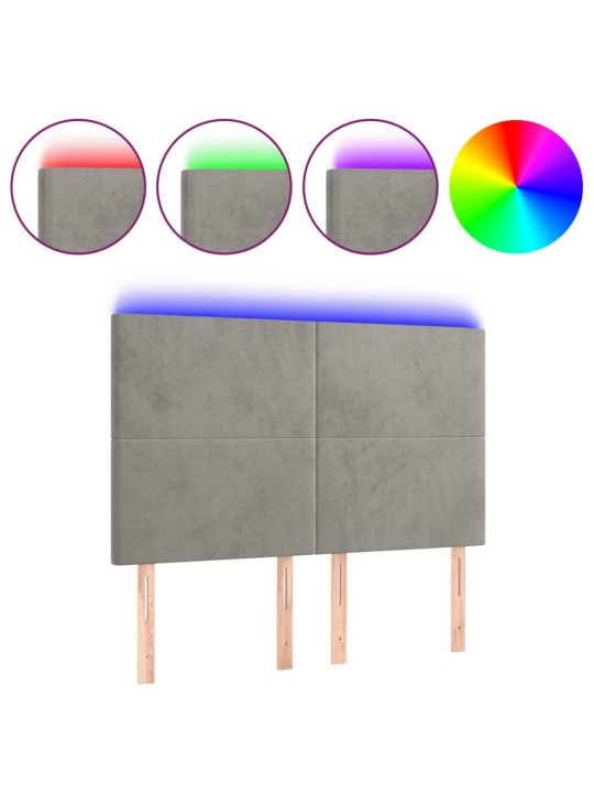 Gultas galvgalis ar LED, 144x5x118/128 cm, gaiši pelēks samts