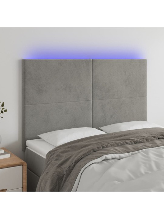 Gultas galvgalis ar LED, 144x5x118/128 cm, gaiši pelēks samts