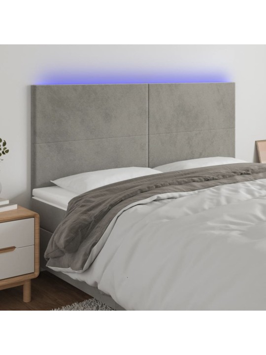 Gultas galvgalis ar LED, 180x5x118/128 cm, gaiši pelēks samts