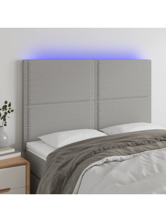 Gultas galvgalis ar led, 144x5x118/128 cm, gaiši pelēks audums