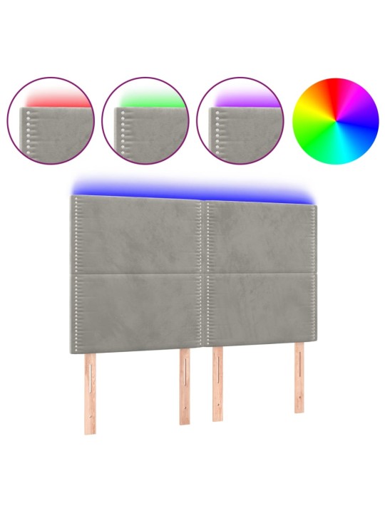 Gultas galvgalis ar LED, 144x5x118/128 cm, gaiši pelēks samts