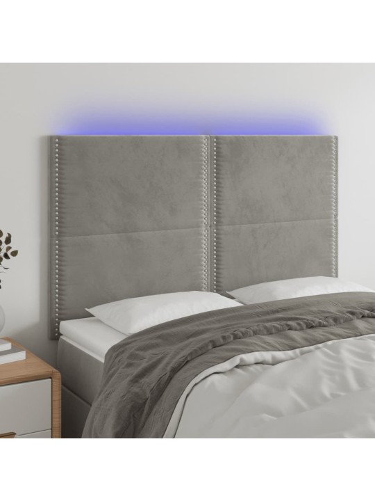 Gultas galvgalis ar LED, 144x5x118/128 cm, gaiši pelēks samts