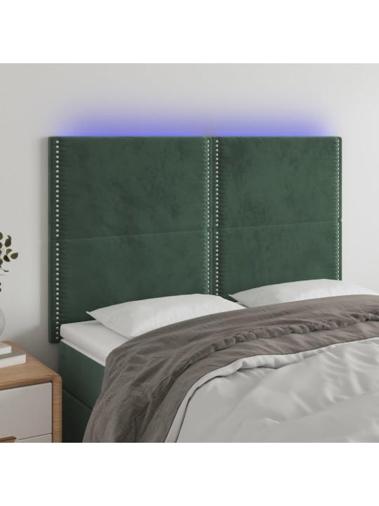 Gultas galvgalis ar LED, 144x5x118/128 cm, tumši zaļš samts