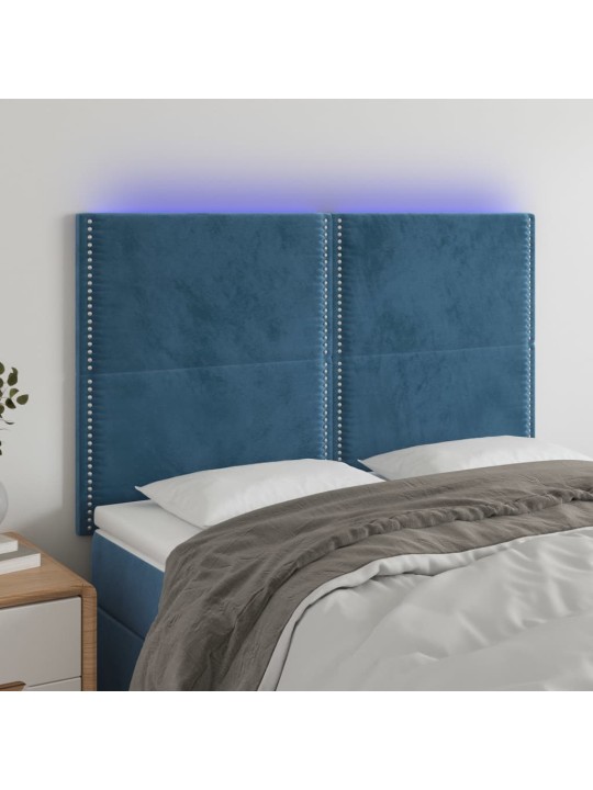 Gultas galvgalis ar LED, 144x5x118/128 cm, tumši zils samts