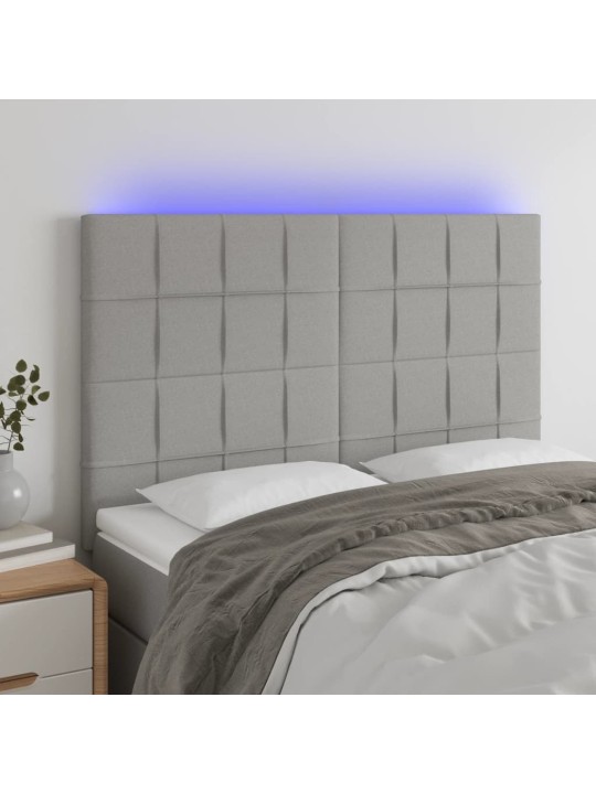 Gultas galvgalis ar LED, 144x5x118/128 cm, gaiši pelēks audums