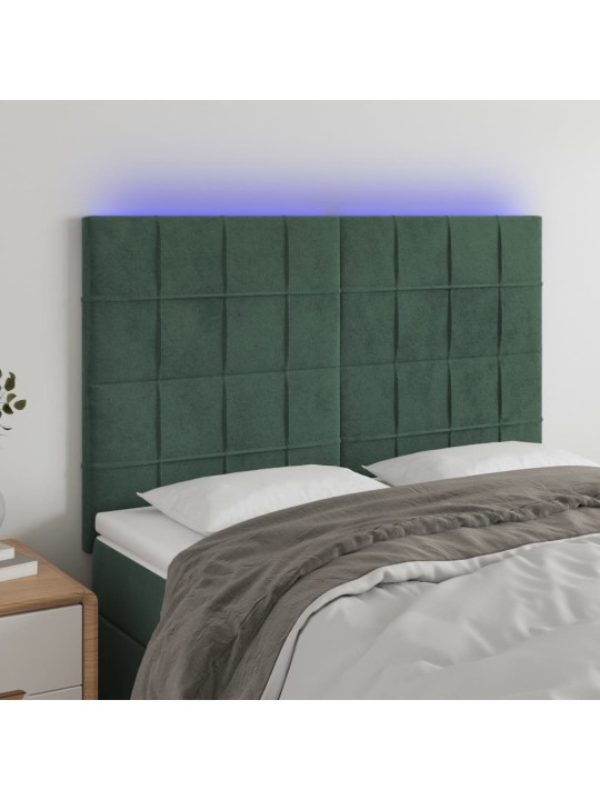 Gultas galvgalis ar led, 144x5x118/128 cm, tumši zaļš samts