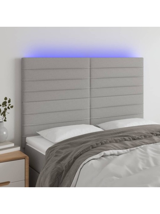Gultas galvgalis ar LED, 144x5x118/128 cm, gaiši pelēks audums