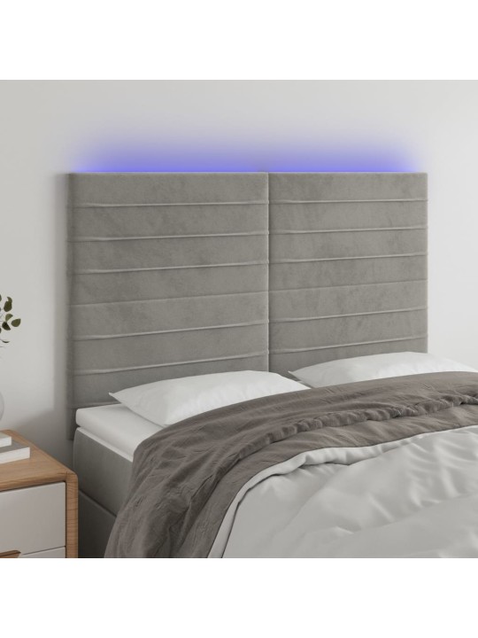Gultas galvgalis ar LED, 144x5x118/128 cm, gaiši pelēks samts