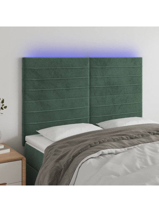 Gultas galvgalis ar led, 144x5x118/128 cm, tumši zaļš samts