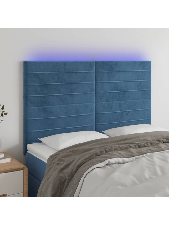 Gultas galvgalis ar LED, 144x5x118/128 cm, tumši zils samts
