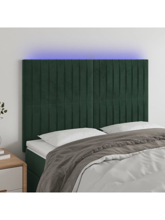 Gultas galvgalis ar LED, 144x5x118/128 cm, tumši zaļš samts