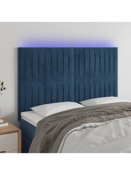 Gultas galvgalis ar led, 144x5x118/128 cm, tumši zils samts