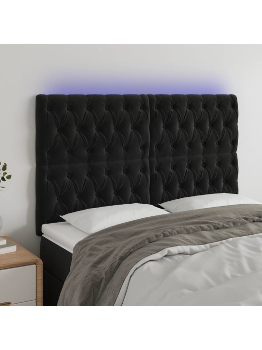 Gultas galvgalis ar led, 144x7x118/128 cm, melns samts