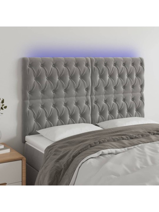 Gultas galvgalis ar LED, 160x7x118/128 cm, gaiši pelēks samts