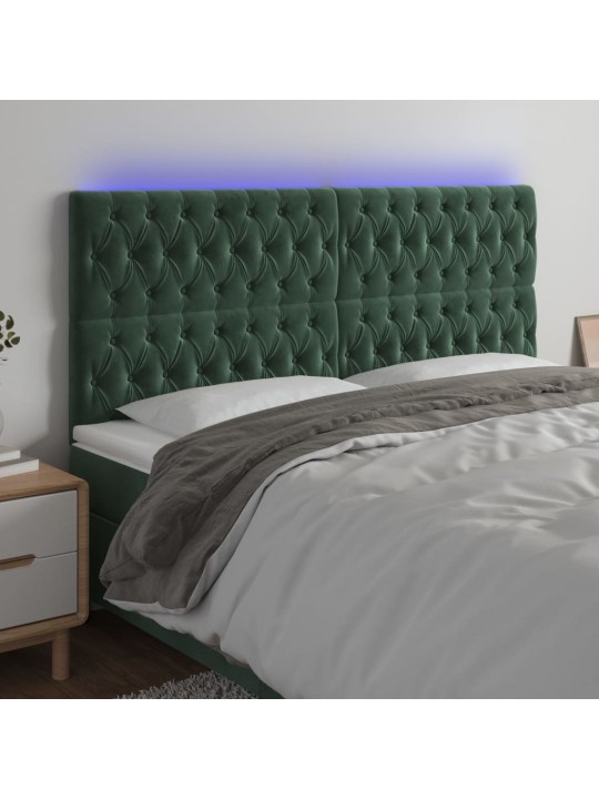 Gultas galvgalis ar LED, 200x7x118/128 cm, tumši zaļš samts