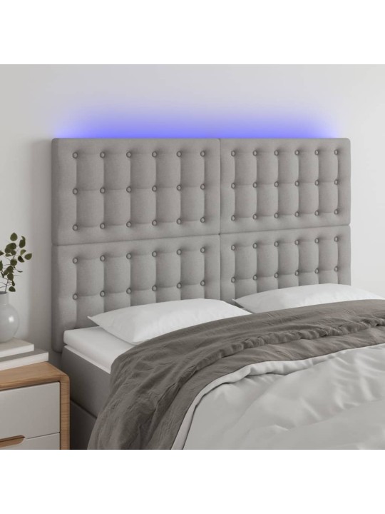 Gultas galvgalis ar LED, 144x5x118/128 cm, gaiši pelēks audums