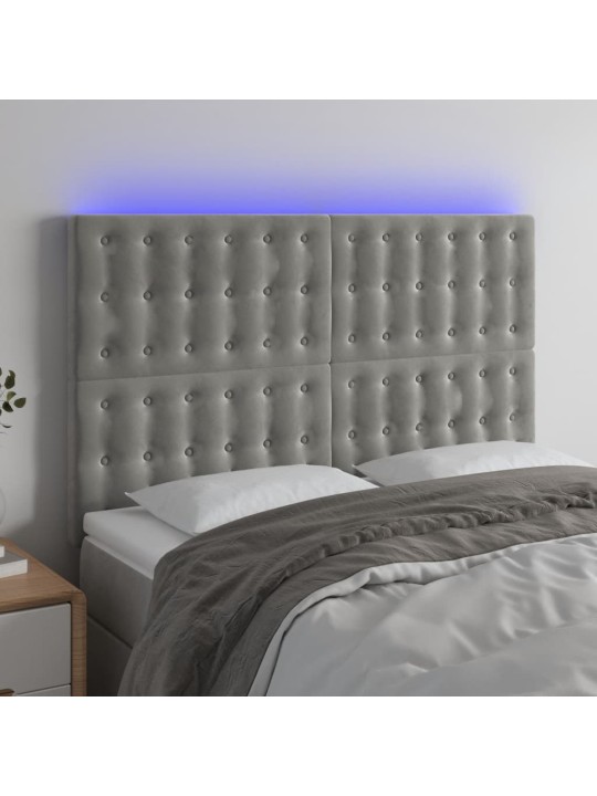 Gultas galvgalis ar LED, 144x5x118/128 cm, gaiši pelēks samts