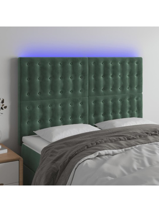 Gultas galvgalis ar LED, 144x5x118/128 cm, tumši zaļš samts