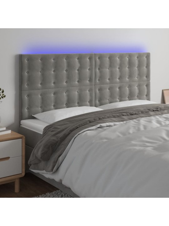 Gultas galvgalis ar LED, 160x5x118/128 cm, gaiši pelēks samts