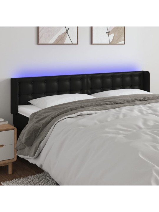 Gultas galvgalis ar led, 203x16x78/88 cm, melna mākslīgā āda
