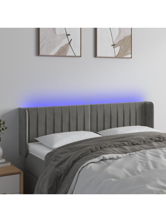 Gultas galvgalis ar LED, 147x16x78/88 cm, gaiši pelēks samts