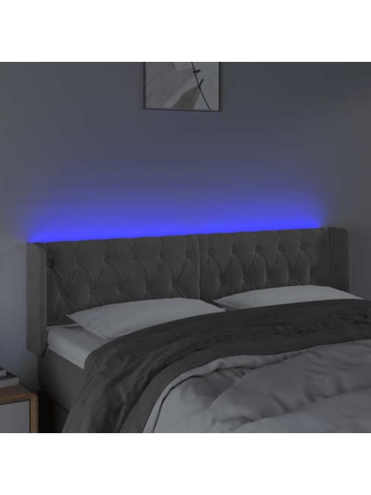 Gultas galvgalis ar LED, 163x16x78/88 cm, gaiši pelēks samts