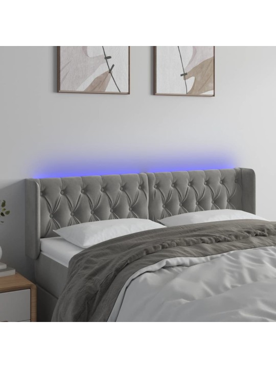 Gultas galvgalis ar LED, 163x16x78/88 cm, gaiši pelēks samts