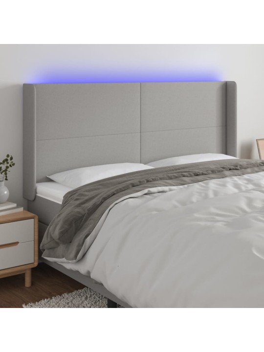 Gultas galvgalis ar LED, 163x16x118/128 cm, gaiši pelēks audums