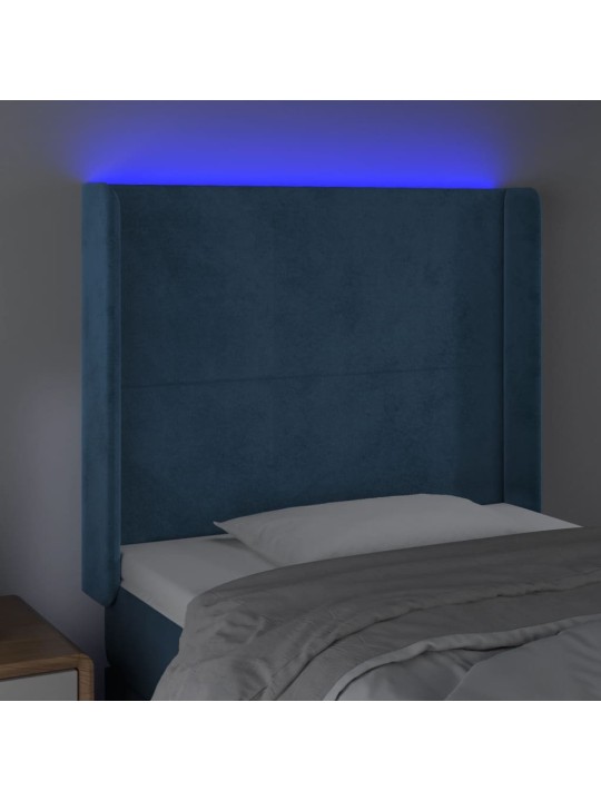 Gultas galvgalis ar led, 93x16x118/128 cm, tumši zils samts