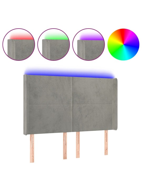 Gultas galvgalis ar LED, 147x16x118/128 cm, gaiši pelēks samts