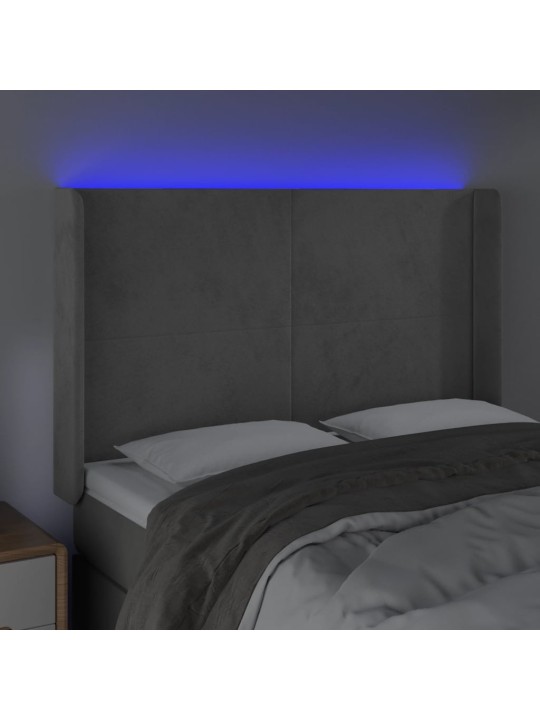 Gultas galvgalis ar LED, 147x16x118/128 cm, gaiši pelēks samts