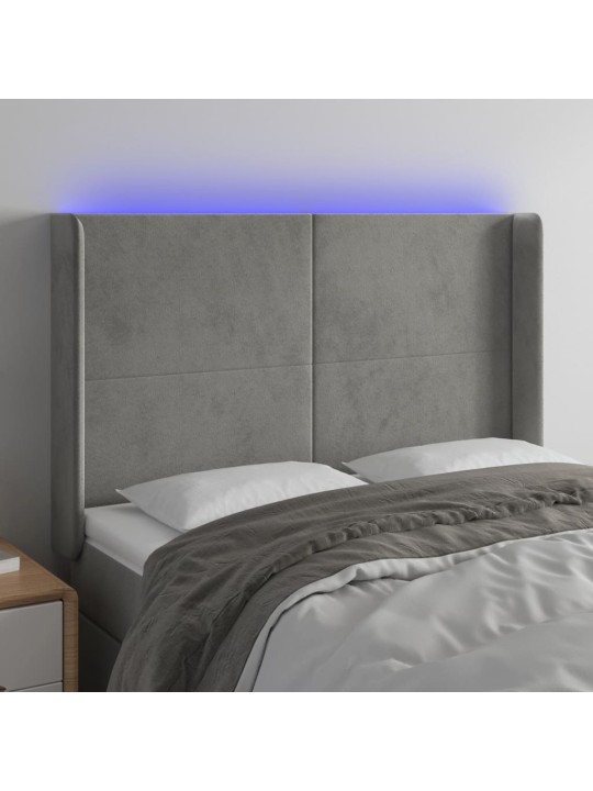Gultas galvgalis ar LED, 147x16x118/128 cm, gaiši pelēks samts