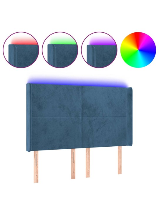 Gultas galvgalis ar LED, 147x16x118/128 cm, tumši zils samts