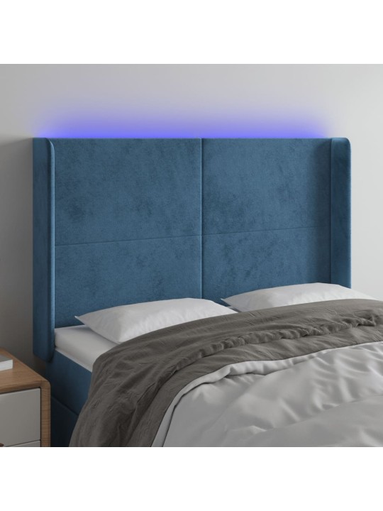 Gultas galvgalis ar LED, 147x16x118/128 cm, tumši zils samts