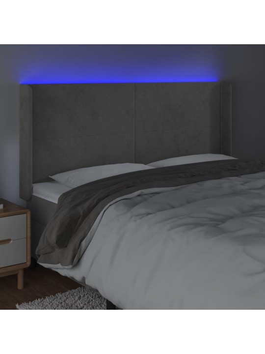 Gultas galvgalis ar LED, 163x16x118/128 cm, gaiši pelēks samts