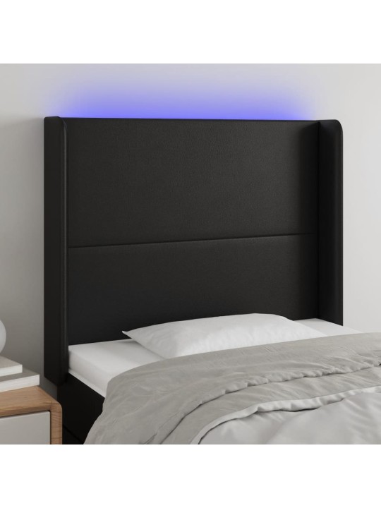 Gultas galvgalis ar led, 83x16x118/128 cm, melna mākslīgā āda