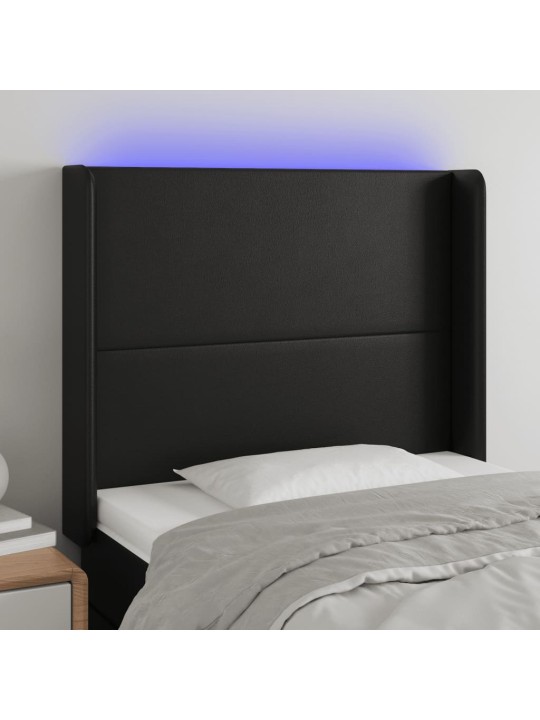 Gultas galvgalis ar led, 93x16x118/128 cm, melna mākslīgā āda