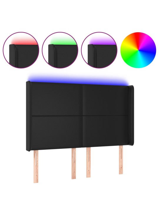 Gultas galvgalis ar LED, 147x16x118/128 cm, melna mākslīgā āda