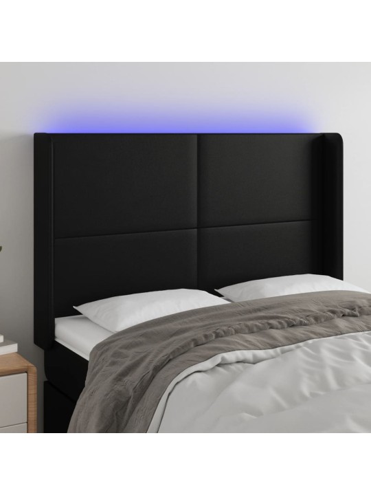 Gultas galvgalis ar LED, 147x16x118/128 cm, melna mākslīgā āda