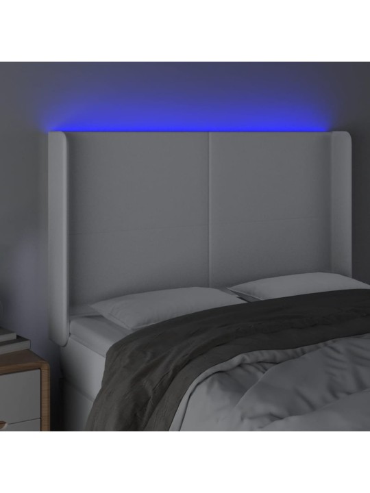Gultas galvgalis ar LED, 147x16x118/128 cm, balta mākslīgā āda