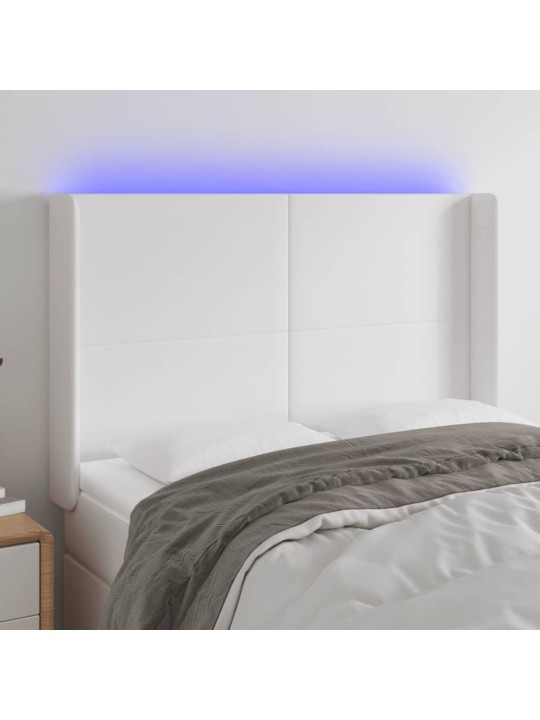 Gultas galvgalis ar LED, 147x16x118/128 cm, balta mākslīgā āda