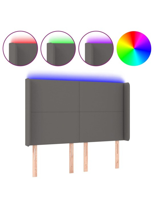 Gultas galvgalis ar LED, 147x16x118/128 cm, pelēka mākslīgā āda