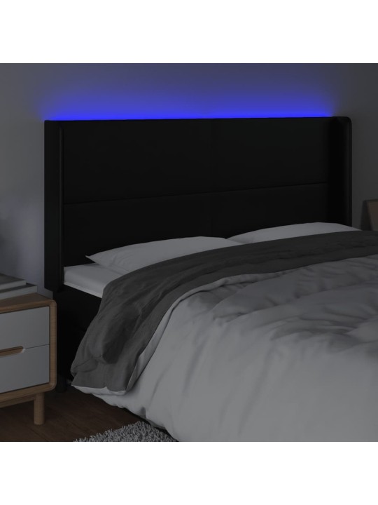 Gultas galvgalis ar LED, 163x16x118/128 cm, melna mākslīgā āda