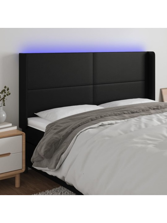 Gultas galvgalis ar LED, 163x16x118/128 cm, melna mākslīgā āda