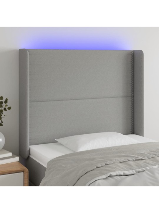 Gultas galvgalis ar led, 83x16x118/128 cm, gaiši pelēks audums