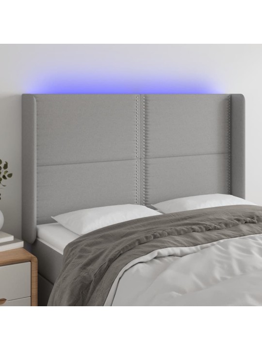 Gultas galvgalis ar led, 147x16x118/128 cm, gaiši pelēks audums