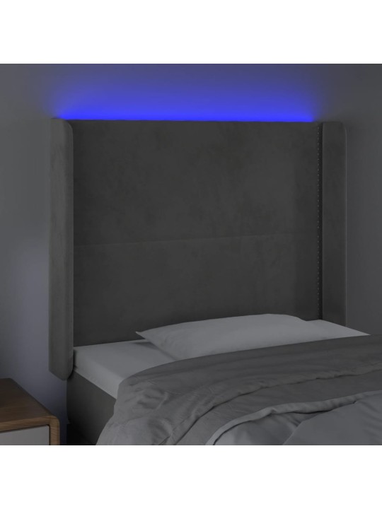 Gultas galvgalis ar LED, 93x16x118/128 cm, gaiši pelēks samts